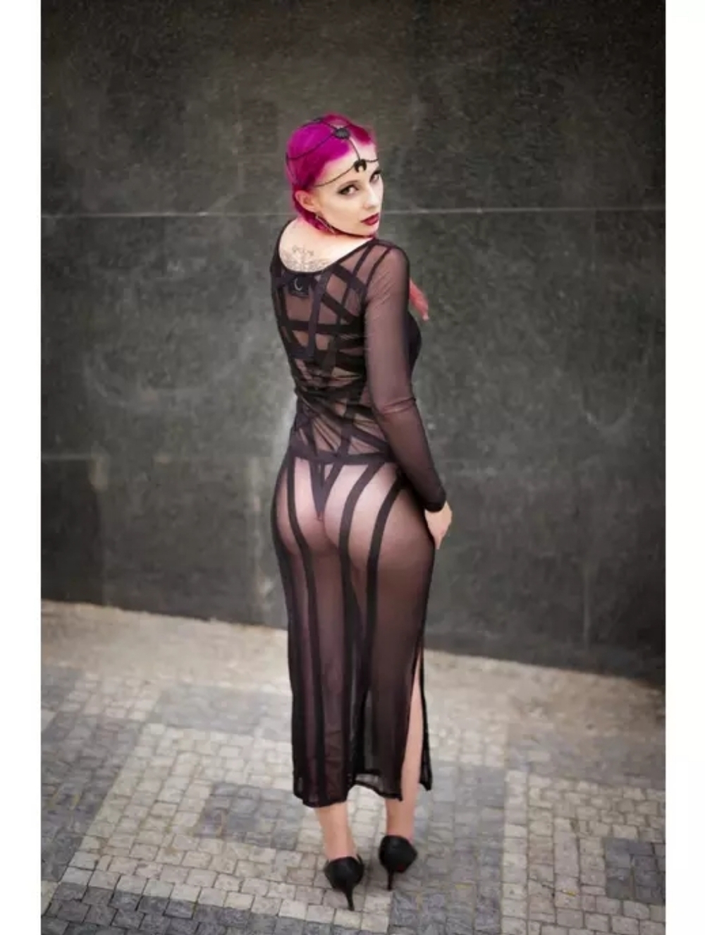 Kill Star Women's Black Mesh Bondage Zandra Long Sleeve Sheer Slit Maxi Dress L
